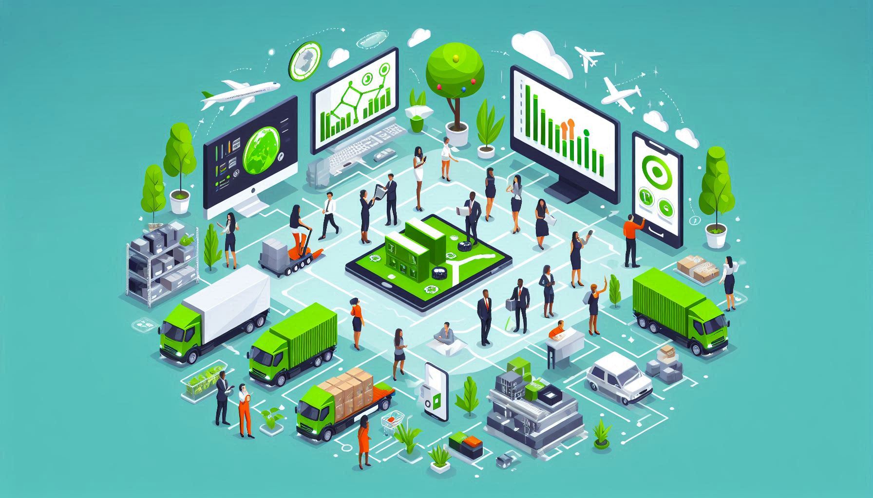 Illustratie van de verbinding tussen mensen, IT en logistiek